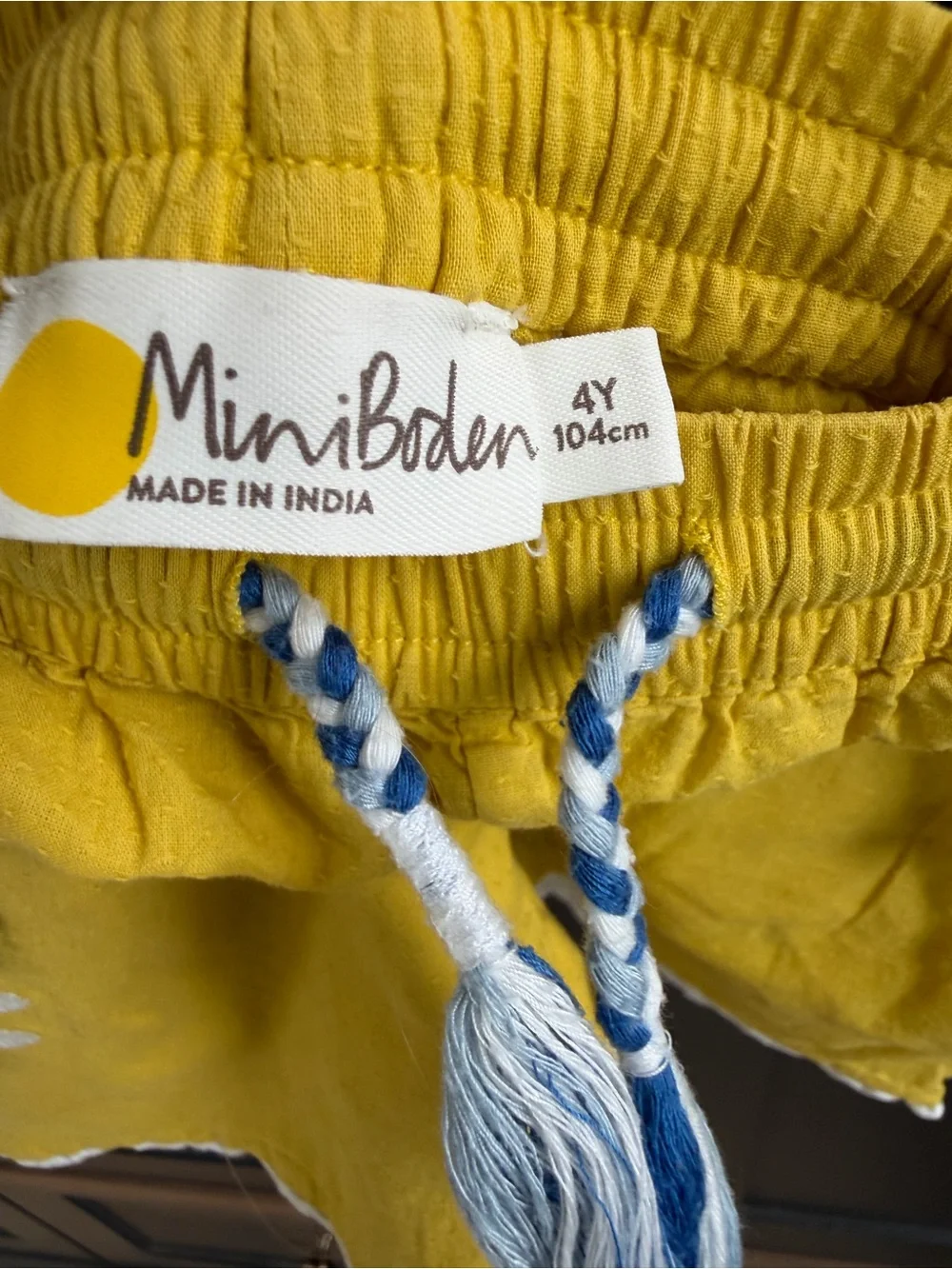 Mini Boden Yellow Cotton Shorts with Blue Floral Embroidery, Lace & appliqué 4Y